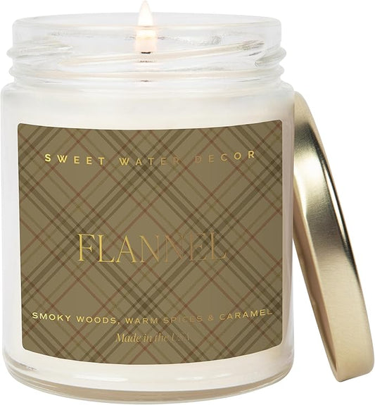 Sweet Water Decor Flannel Soy Candle - Vanilla, Caramel, Amber, Tonka, Smoky Woods, Musk Scented Soy Candles - Autumn Candle for Home - 9oz Clear Jar with Gold Foil Made in The USA - Bloomnest