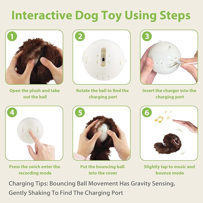PETGEEK Interactive Dog Toys Ball - Rechargeable, Squeaky Plush Crazy Bouncer Dog Ball with Wiggles & Vibrations, Durable Moving Vibrating Toy for Small, Medium, Large Dogs (6 Inches, Brown) - Bloomnest