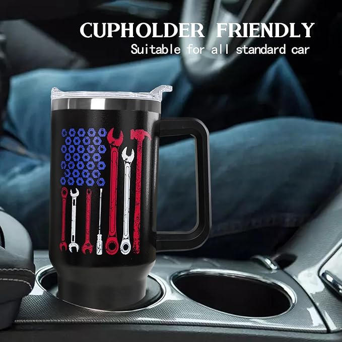 Ceovfoi Mechanic Gifts for Men, 40 oz Mechanic American Flag Stainless Steel Tumbler with Handle Lid and Straw, Mechanic Stuff Supplies Accessories - Bloomnest