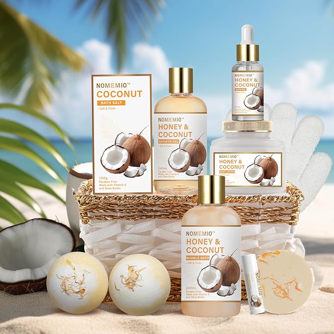 Valentine's Day Gift Baskets, Spa Gift Basket for Women, 11pcs Honey & Coconut Luxury Bath Gift Set, Spa Kit with Shower Gel, Bubble Bath, Bath Bombs , Beauty Gifts for Her, Women, Mom Birthday - Bloomnest