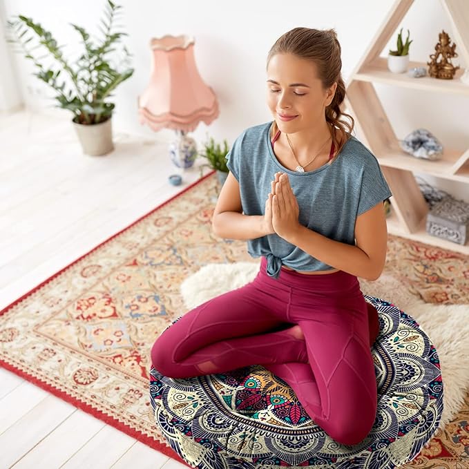 Mandala Meditation Cushion, Boho Meditation Mat, Meditation Pillows for Sitting on Floor, Cushions for Sitting in Home and Outdoor, Round Floor Pillows Cushion Seating for Yoga 22'' X 22'' - Bloomnest