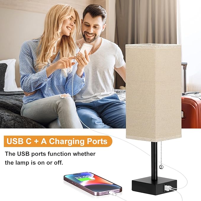 Beige Bedside Table Lamps Set of 2 - Square Bedroom Lamps with 3 Color Temperatures (3000K/5000K/4000K), Nightstand Lamps with USB C + A Charging Ports, Pull Chain Small Night Light for End Table - Bloomnest