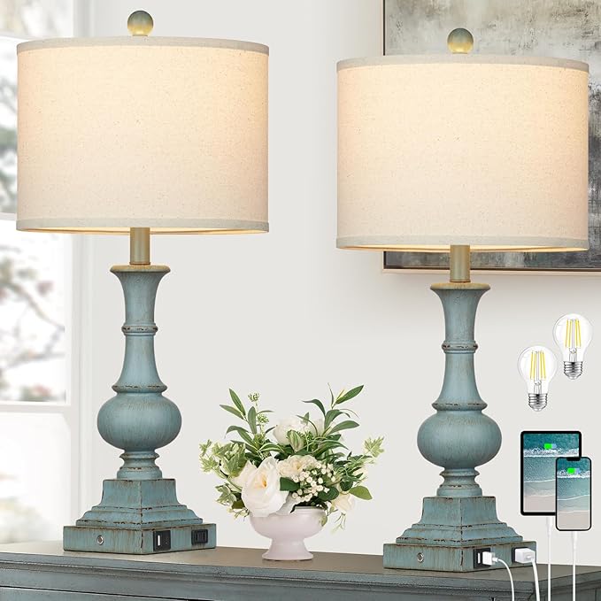 Farmhouse Table Lamps Set of 2, 26" Vintage Rustic Touch Control 3-Way Dimmable Bedside Lamp with USB A+C Ports & AC Outlet, Blue Nightstand Lamp for Living Room Bedroom End Table(LED Bulbs Included) - Bloomnest