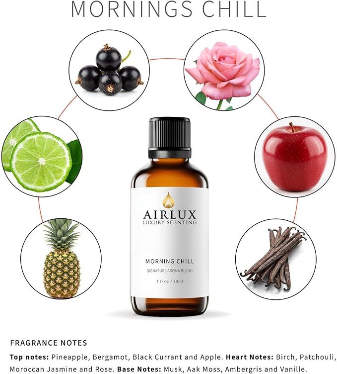 Signature Aroma Oil No. 20 Morning Chill – Pineapple, Lemon, Bergamot – Aroma Oil for Cold Air & Waterless Diffusers and DIY Crafts – 30 mL, 1.0 fl oz Glass Bottle Airlux
