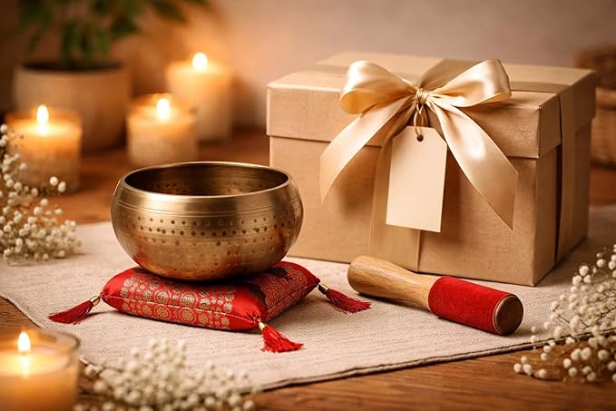 Tibetan Singing Bowl Set with Cushion & Mallet – Handmade Meditation Sound Bowl for Yoga, Healing, Mindfulness & Chakra Balancing (Brass, 4 Inch) KPAVIR