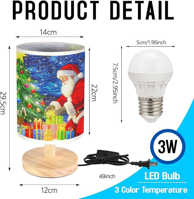 Santa Claus Table Lamp LED 3-Color Pressed Bedside for Merry Christmas, Santa Claus Shade Christmas Table Lamp with Wood Base for Bedroom Living Room Desk Office - Bloomnest