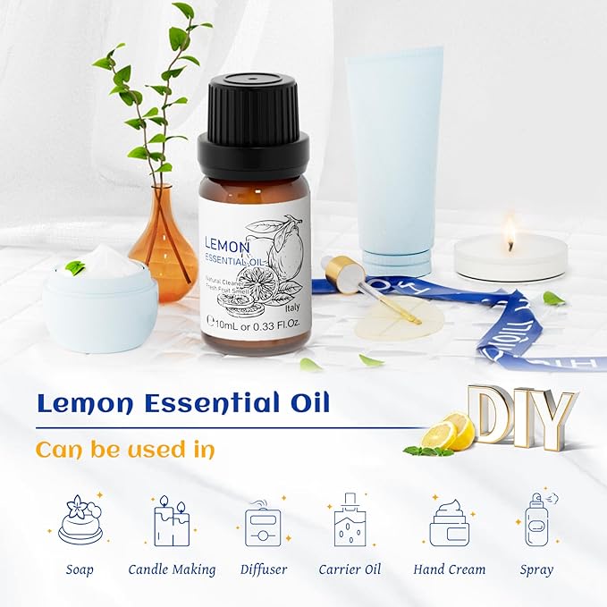 HIQILI Lemon Essential Oil, Household Cleaning, Air Purification, Skin Care, Can be Added to Cleansers, Sprays, Body Lotions Use - 0.33 Fl Oz/10ML - Bloomnest