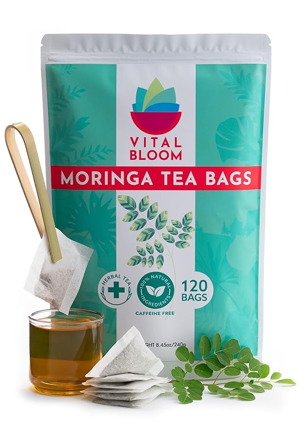 Vital Bloom 120 Tea Bags Moringa Tea, 100% Natural Moringa Leaves Herbal Tea, Supporting Digestion & Immune System - Bleach Free Tea Bags, Non-GMO (Free Bamboo Tongs Included) - Bloomnest