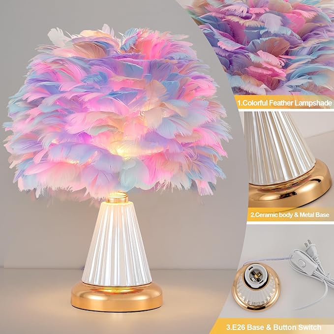 Colorful Feather Table Lamp Cute Ceramic Fluffy Bedside Lamp Princess Furry Nightstand Light Girl Romantic Desk Lamp for Girl Bedroom Living Room Office Nursery Valentines Wedding Decor - Bloomnest