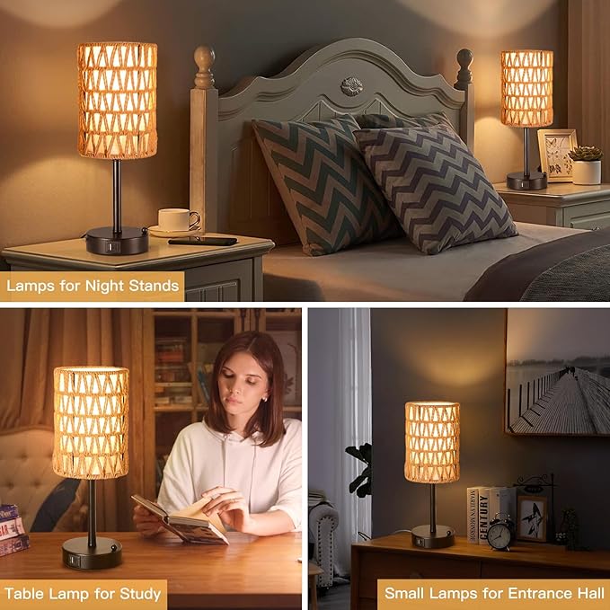 Rattan Table Lamps for Living Room, 3 Way Dimmable Touch Lamps, Small Bedside Lamps with LED Bulbs, Phone Stand, USB Ports and AC Outlet, Boho Nightstand Lamp for Kids Room, Bedroom, Office (2 Pack) - Bloomnest