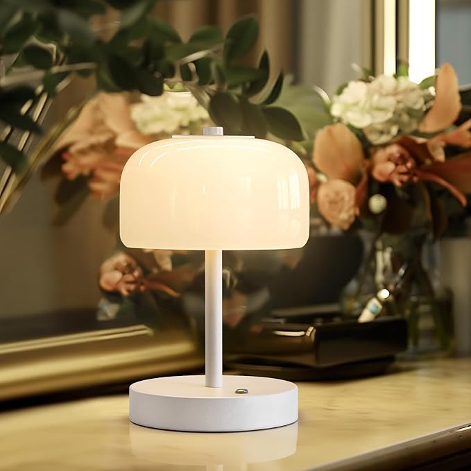 Oneach Portable Cordless Table Lamp, Rechargeable Battery Powered Lamp with Opal Glass Shade, 3-Way Dimmable LED Touch Mushroom Table Lamps for Bedroom, Bedside, Living Room, Dining Room, Patio, White - Bloomnest