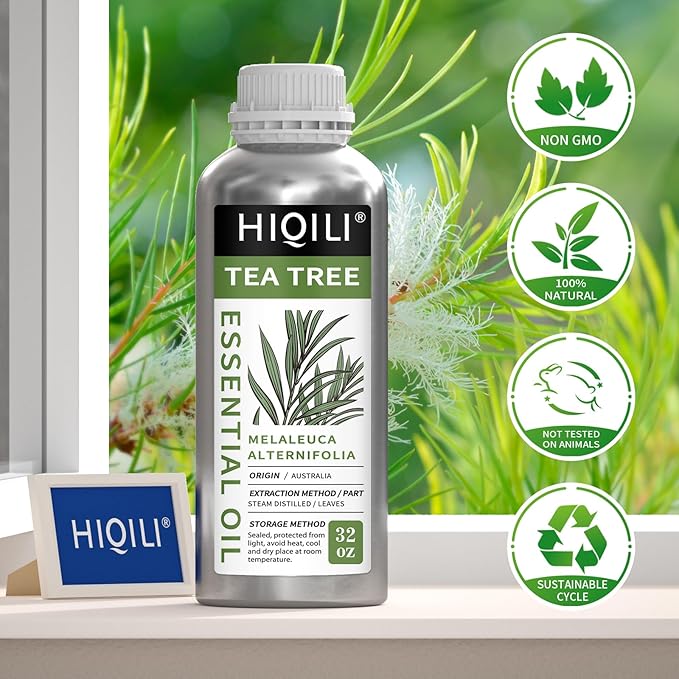 HIQILI Tea Tree Oil 32 Fl Oz, for Skin, Hair, Nail, Diffuser, Soap Making, Includes Four Portable Decanters - Bloomnest