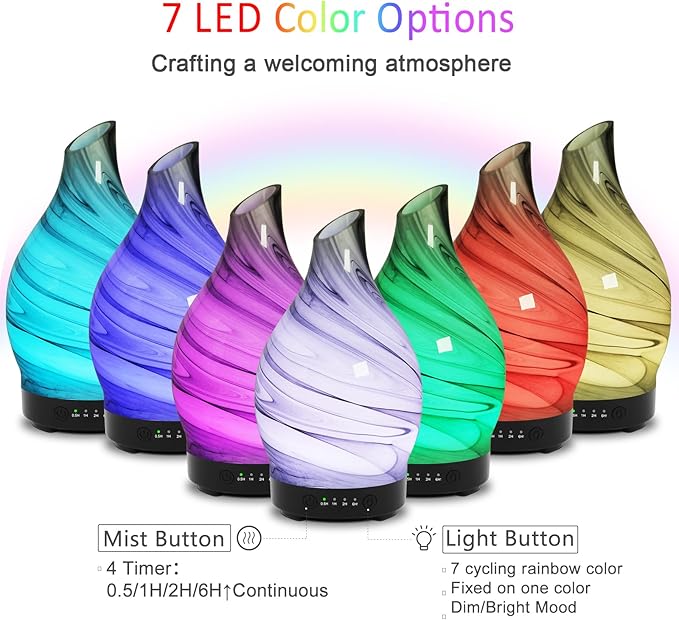 Essential Oil Diffuser 150ML, Glass Aromatherapy Diffuser with 4 Timer Settings & 7 Color Changing Lights, Waterless Auto Shut-Off, Ultra Quiet Oil Diffuser for Home, Office, Yoga, Spa and Sleeping - Bloomnest