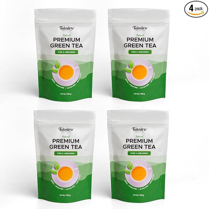 Teaniru Premium Whole Leaf Green Tea, 3.5 oz (Pack of 4) - 200+ Cups | 100% Natural And Single Origin | Antioxidant-rich Unblended Green Tea Leaves in Resealable Pouch - Bloomnest