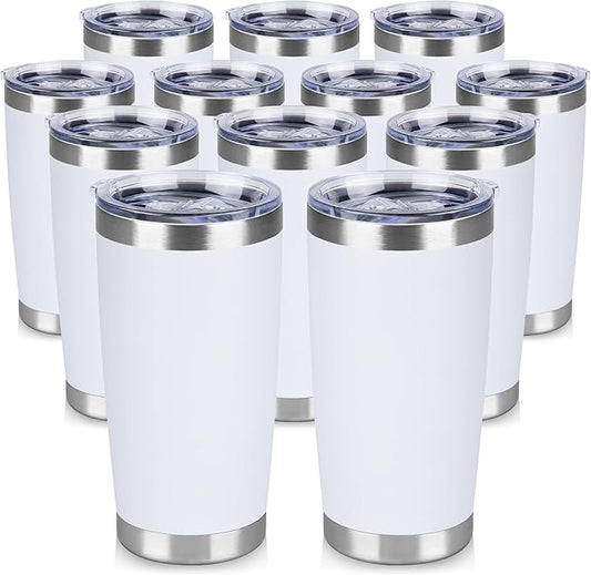 20 oz Tumbler Stainless Steel Tumblers Bulk with Lid Double Wall Insulated Coffee Tumbler Cups for Hot & Cold Drinks Powder Coated Travel Coffee Tumbler Mug Metal (White, 12 pack)