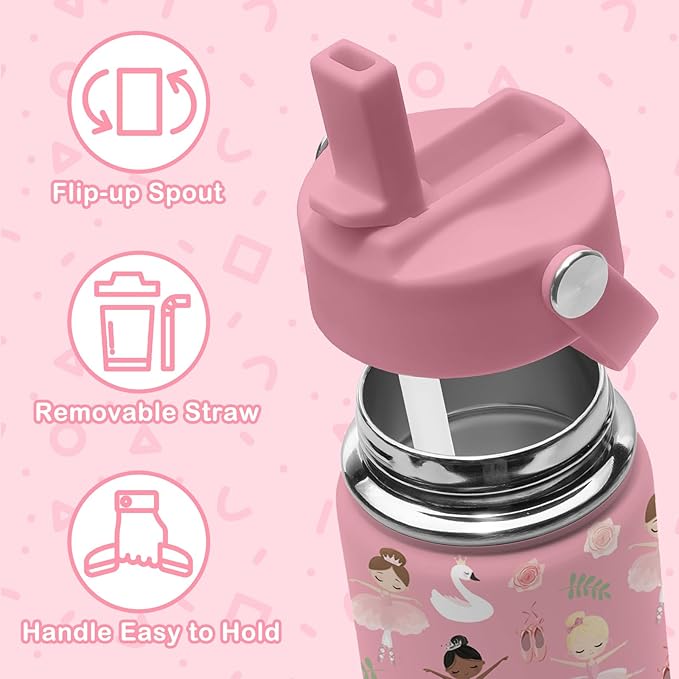 Ballet Water Bottle, 16oz Ballerina Girls Stainless Steel Insulated Water Bottle with Straw Lid, Ballerina Cup Tumbler Birthday Gifts for Kids Teen Girls School - Bloomnest