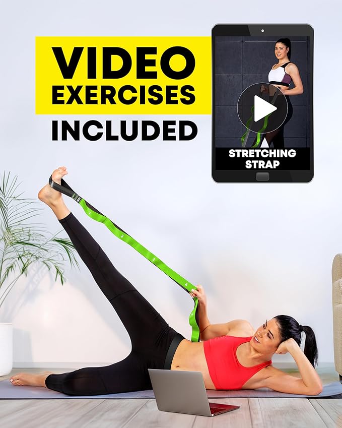 Stretching Strap with Loops - Non Elastic Stretch Band for Physical Therapy, Yoga Strap for Stretching Equipment, Stretch Bands for Exercise and Flexibility - Fascia, Hamstring & Leg Stretcher Belt - Bloomnest