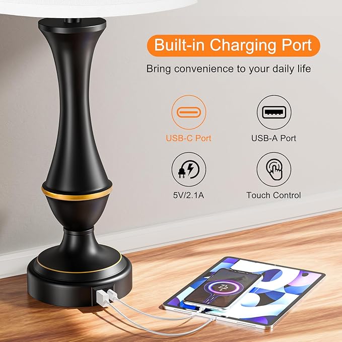 Seealle Upgraded Touch Lamps for Bedrooms Set of 2 - Nightstand Table Lamp with USB C+A, 3 Way Dimmable Lamps for Living Room, Office(White) - Bloomnest