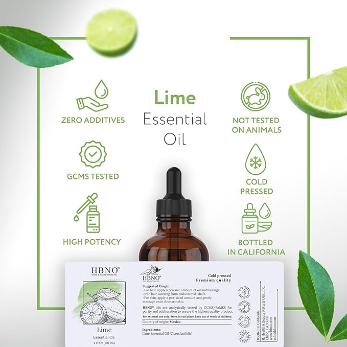 HBNO Lime Essential Oil - Huge 4 oz (120ml) Value Size - Natural Lime Oil, Cold Pressed - Perfect for Cleaning, Aromatherapy, DIY, Soap & Diffuser - Bloomnest