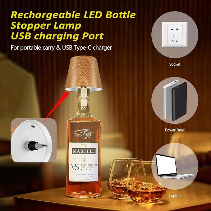 2025 New Bottle Lamp - LED Bottle Lights for Liquor & Wine Bottles, Cordless Lampshade, Whiskey Bottle Top Light, Bottle Stopper Night Light Kit, Rechargeable 3-Tone Touch-Dimmable - Bloomnest