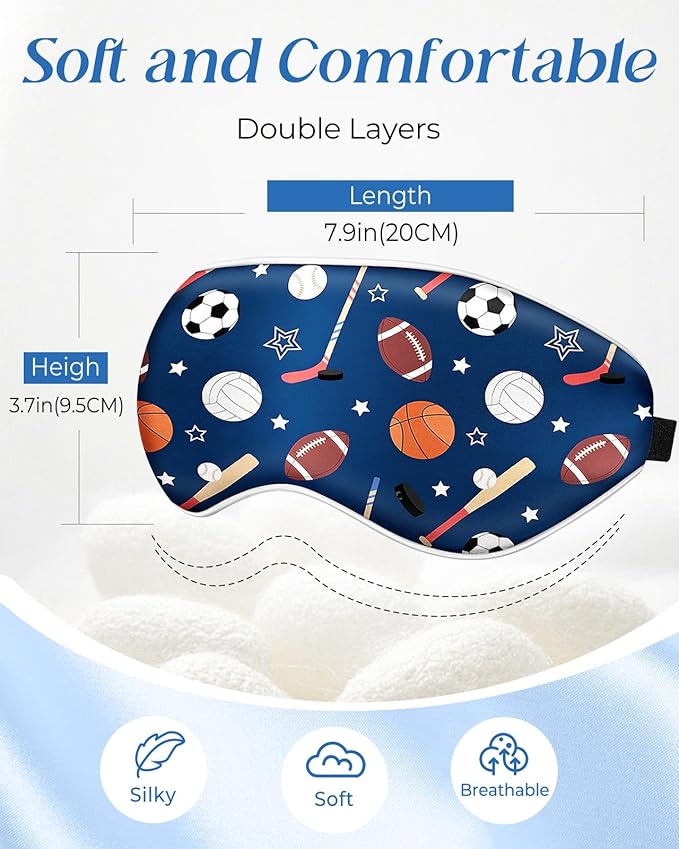 Sleep Mask for Kids - Silk Eye Mask for Sleeping Cute Cartoon Kids Sleep Mask for Boys Girls Teens Soft Smooth Adjustable Straps Silk Kids Eye Cover, Blue Ballgame - Bloomnest