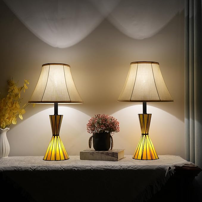 Modern Table Lamps Set of 2 with Hand Crafted Stained Glass Night Lights 3-Way Dimmable Bedside Lamps with Yellow Fabric Shades for Home Decor - Bloomnest