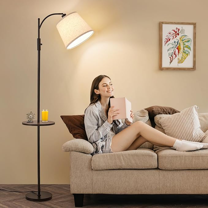 AIDENOEY Fully Dimmable Floor Lamp for Living Room，Standing Lamp Rotary Switch with Table&Linen Beige Shade，Black Tall Lamps for Bedroom with Adjust Head，9W LED Bulb Included - Bloomnest