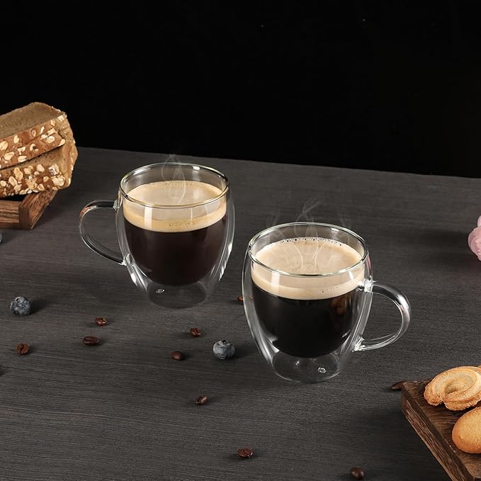 Aurzen 2 Pack Double Walled Glass Coffee Mugs with Handles 8.5oz, Large Insulated Layer Coffee Cups, Clear Borosilicate Mugs, Perfect for Cappuccino, Tea, Microwave Safe (8.5oz-2Pack) - Bloomnest