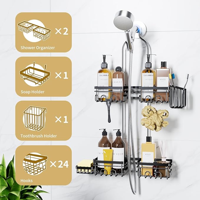 KEGII Shower Caddy Hanging for Handheld Showerheads, Rustproof Hanging Shower Organizer with Soap Dish, Toothbrush Holder and Hooks, Over Showerhead Caddy for Bathroom - Bloomnest