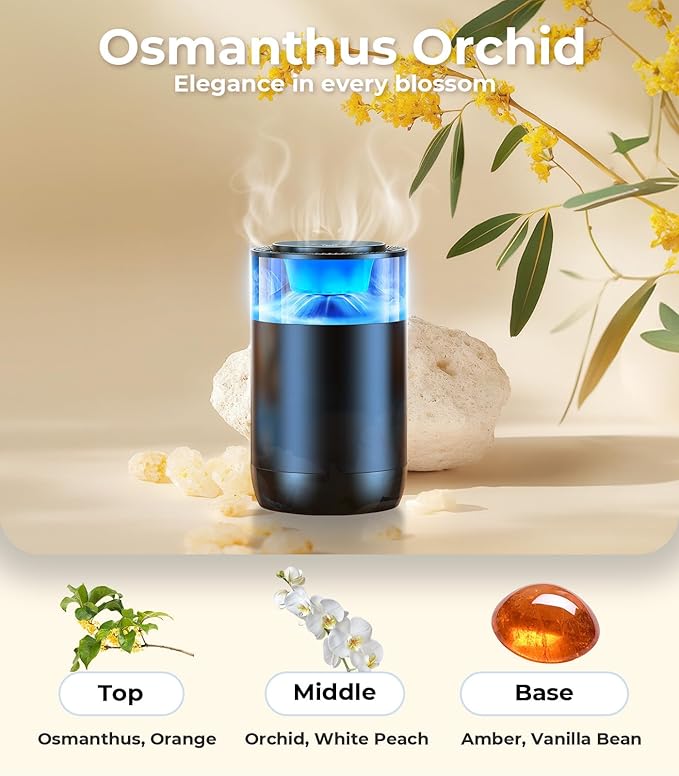 Smart Car Air Fresheners, Ambient Light & Mist, Auto On/Off, Adjustable Intensity Car Air Freshener Diffuser, Fragrance Lasts 6 Months, Built-in Battery, Scent Refill X2 - Osmanthus Orchid - Bloomnest