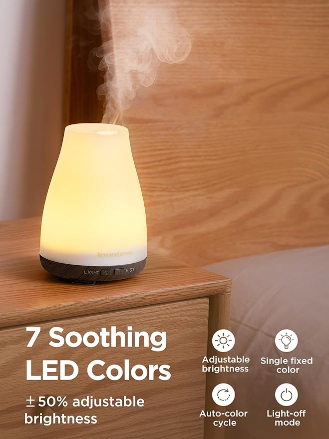 InnoGear Essential Oil Diffuser, Ultrasonic Diffusers for Home Aromatherapy Humidifier for Bedroom Room 7 Colors LED 2 Mist Mode Auto Off, Brown Base - Bloomnest