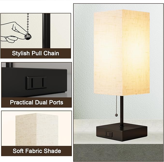 Table Lamp for Bedroom,Nightstand Lamp for Bedside with AC Outlets,Adjustable 3color LED Light Desk Lamp for Home Decor,Included Bulb and Lamp Shade (Linen White-onlyAC, 1PCS) - Bloomnest