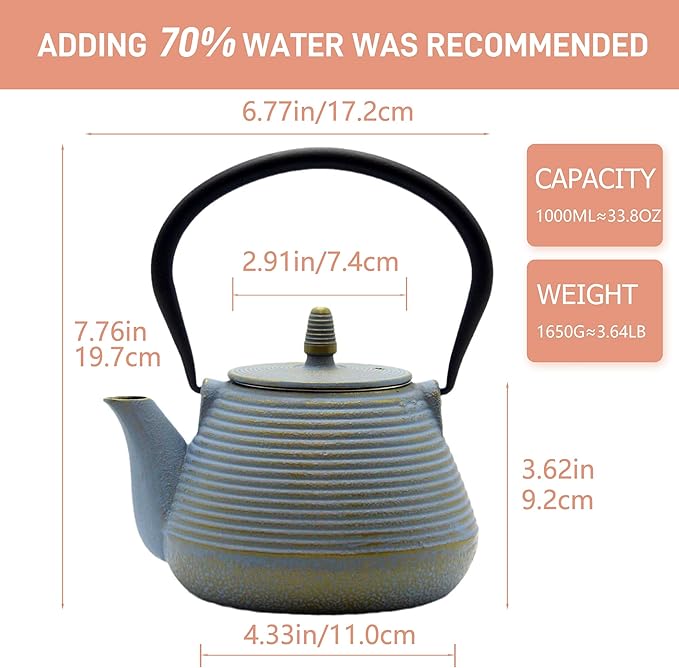 Teapot with Stainless Steel Infuser for Loose Tea, Cast Iron Tea Kettle for Stovetop Safe, Cast Iron Teapot Coated with Enameled Interior(33.8oz/1000ml)