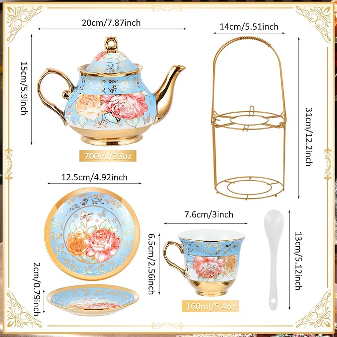 Zhehao 20 Pcs Porcelain Tea Set with Metal Holder and Spoon Adult Ceramic Tea Set European Flower Painting Teapot Cup Saucer Spoon for Women, Large Version(Simplicity Style) - Bloomnest