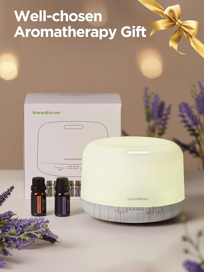 InnoGear Aromatherapy Diffuser & 10 Essential Oils Set, 500ml Essential Oil Diffuser with Remote Control Ultrasonic Cool Mist Scent Humidifier Vaporizer Auto-Off Timer for Room Office Home, White - Bloomnest