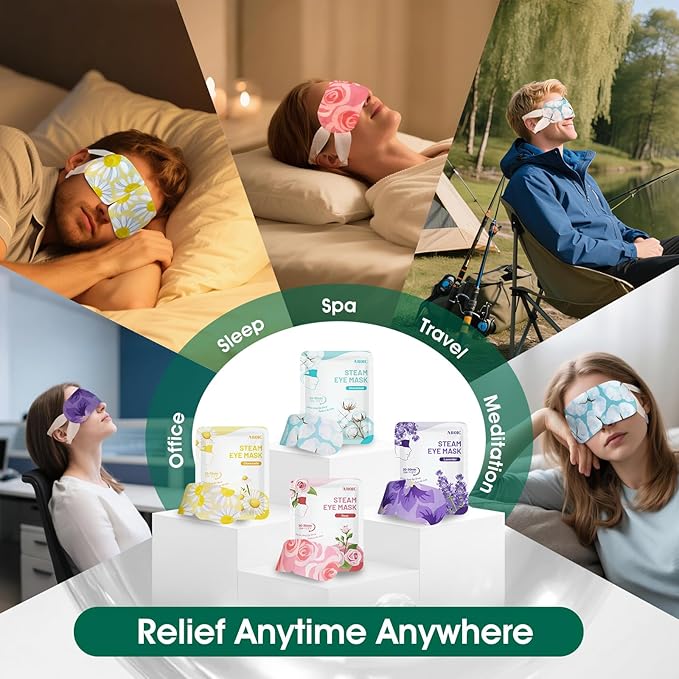 AROIC 60 Pack Steam Eye Masks Disposable for Dry Eyes, Heated Eye Mask Warm Compress for Eyes, Relaxation Gifts, Travel Essentials - Lavender, Unscented, Chamomile, Rose - Bloomnest