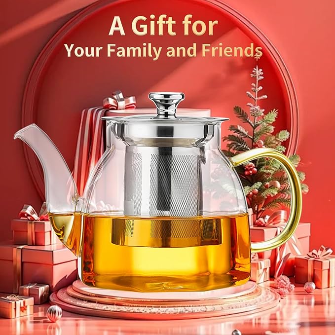 Glass Tea Pot with Stainless Steel Infuser and Lid (Octagonal), Clear Glass Teapot, Borosilicate Hydrochloric Glass Heat Resistant, Fine Glass Filter for Flower Tea, Tea Bags (27 oz / 800 ml) - Bloomnest