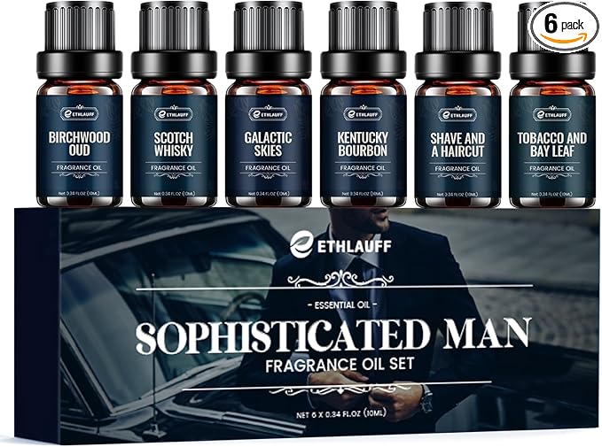 Men Essential Oils Set - TOP 6 Gentlemen's Fragrance Oil for Diffuser, Candle & Soap Making - Tobacco and Bay Leaf, Kentucky Bourbon, Galactic Skies, Scotch Whisky, Birchwood Oud - Bloomnest