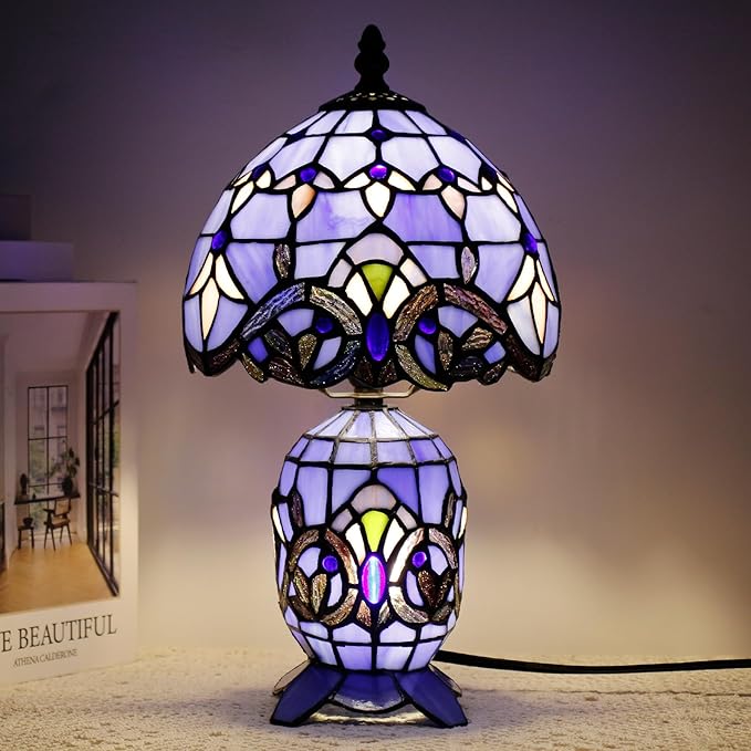 Small Tiffany Lamp Stained Glass Table Lamp Mini Mother Daughter Vase Desk Accent Light for Bedroom Bedside Reading Home Antique Style Decor 8X14 Inches (Blue Baroque) - Bloomnest