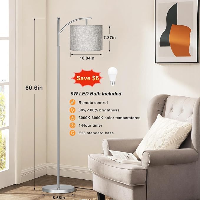 60" Floor Lamps with Remote Control & Bulb, Colors Temperature & Brightness Adjustable, Gray Shade & Silver Pole - Bloomnest