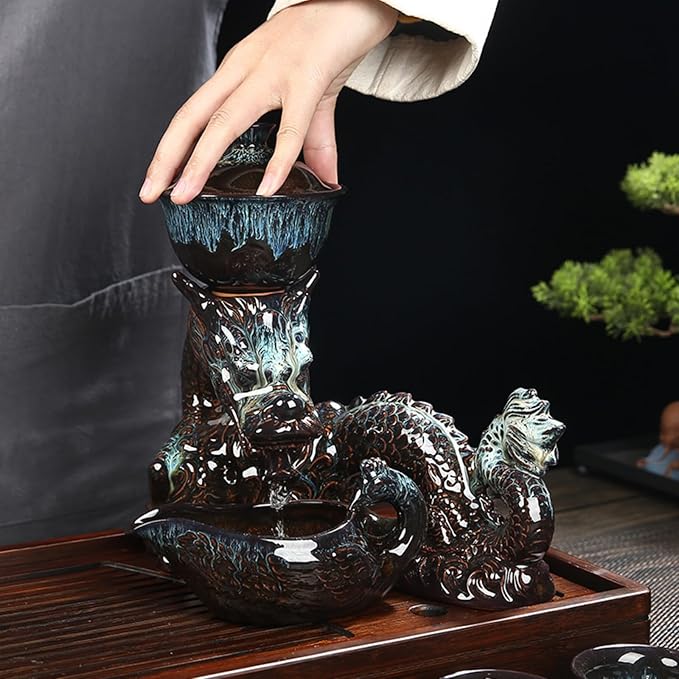 Chinese Gongfu Tea Set - Ceramic Teapot with Infuser, 8 Cups, Semi Automatic Dragon Design for Loose Leaf Tea