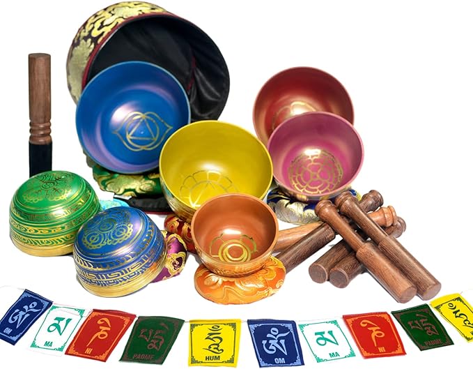 Tibetan Singing Bowl Set Of 7, Authentic 7 Metals, 7 Chakra Colors Mantra Chant Decorated Himalayan Singing Bowl For Chakra Healing, Meditation, Deep Relaxation, Stress Relief, Handmade In Nepal Khusi+Inc