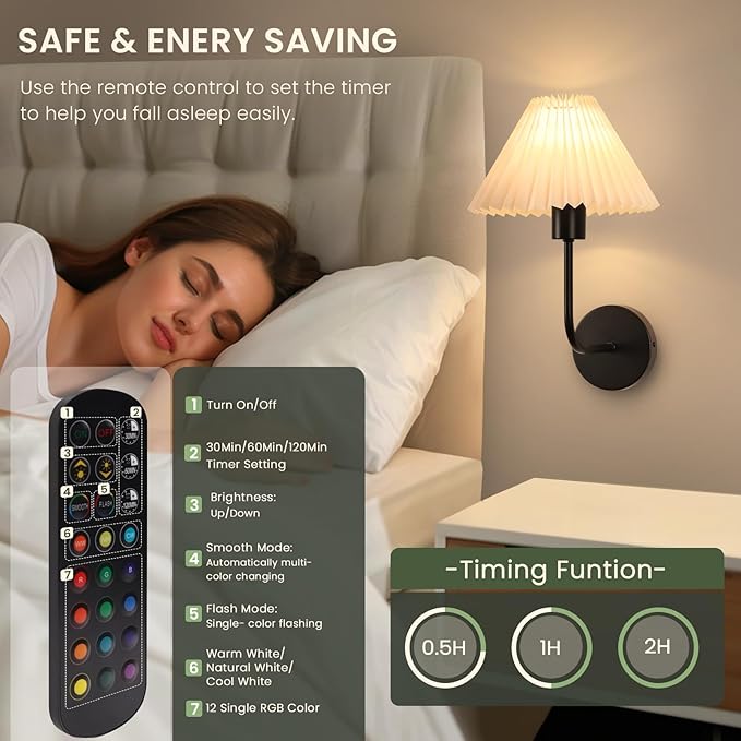Rechargeable Battery Operated Wall Sconces Sets of 2, 15 Colors Wireless Wall Sconce, Black Wall Lights Fixture with Dimmable Bulbs and Remote, Not Hardwired Wall Mounted Lamps for Bedroom Living Room - Bloomnest