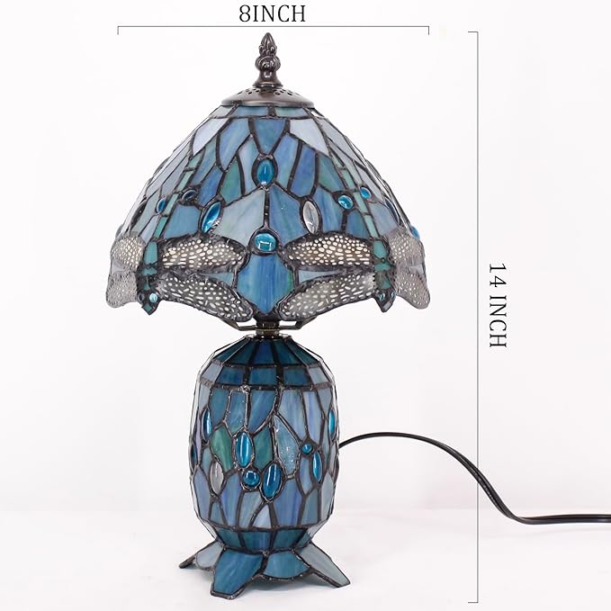Small Tiffany Lamp Stained Glass Table Lamp Mini Mother Daughter Vase Desk Accent Light for Bedroom Bedside Reading Home Antique Style Decor 8X14 Inches (Sea Blue Dragonfly) - Bloomnest