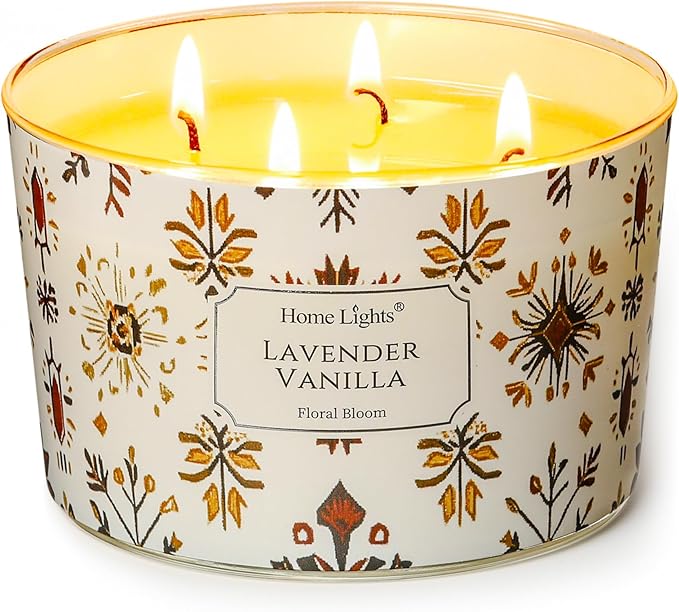 HomeLights Large jar Candle | 4-Wick Long-Lasting Scented Candles, 18oz Natural Soy Wax Candle for Home Scented, Bohemian Natural Textures Gifts for Women & Men, Lavender Vanilla - Bloomnest