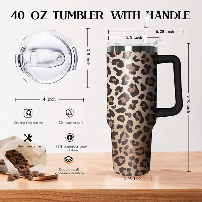 Ceovfoi 40 Oz Tumbler With Handle, Leopard Print Cheetah Coffee Travel Mug Cup, Water Bottle, Decor, Gifts for Women - Bloomnest