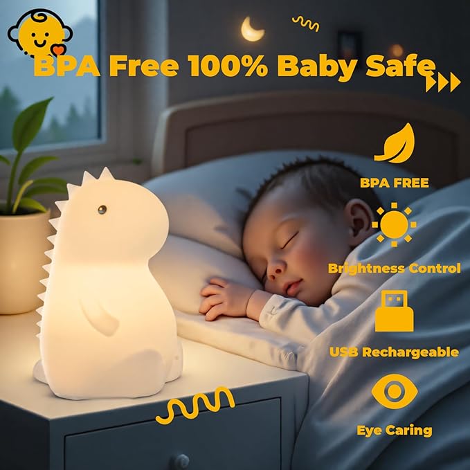 LED Squishy Animal Night Light - 2 Level Dimmable Nursery Lamp for Kids, Rechargeable Touch Lamp, Cute Dorm Decor - Perfect Baby Boys Girls Gift (Little Dinosaur) - Bloomnest
