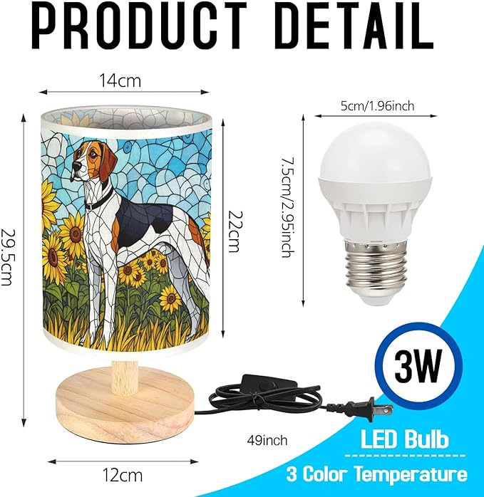 Treeing Walker Coonhound Table Lamp LED 3-Color Pressed Bedside, Dog Shade Lamp with Wood Base for Bedroom Living Room Desk Office - Bloomnest