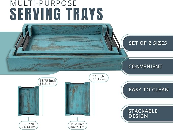 Comfify Rustic Wooden Serving Trays with Handle - Set of 2 - Large and Small Nesting Multipurpose Trays - for Breakfast, Coffee Table/Butler & More - Rustic Blue - Bloomnest