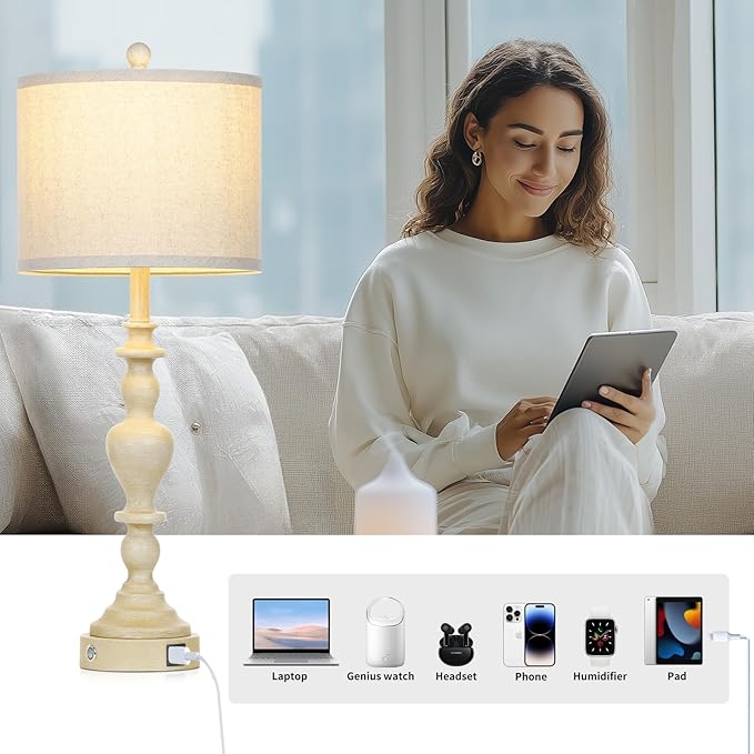 27" Vintage Farmhouse Table Lamps for Living Room Set of 2, Rustic Nightstand Lamps with USB C+A Ports, 3-Way Dimmable Retro Bedside Lamps for Bedroom Office 2 LED Bulbs Included Washed Antique Beige - Bloomnest